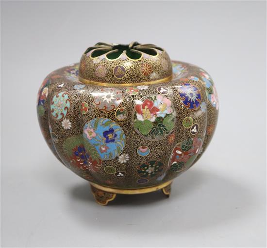 A Japanese Meiji cloisonne gold wire censer, Takahara Komajiro height 12cm